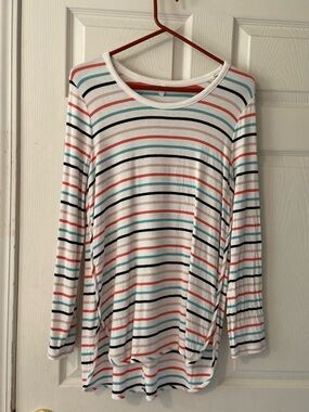 Market & Spruce White Striped Long-Sleeve Top with Coral, Teal & Black